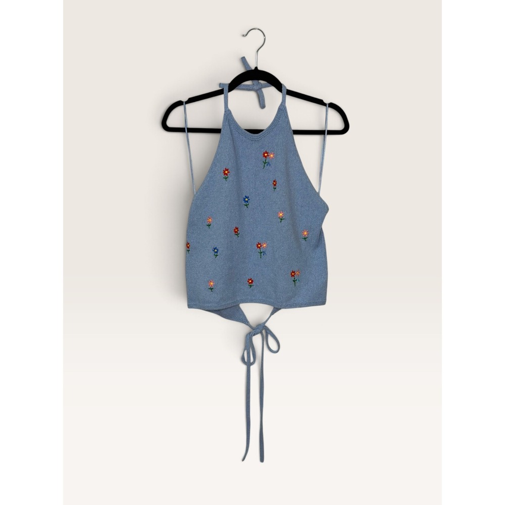 ZARA Women's Medium Knit Halter Top Light Blue Floral Embroidered